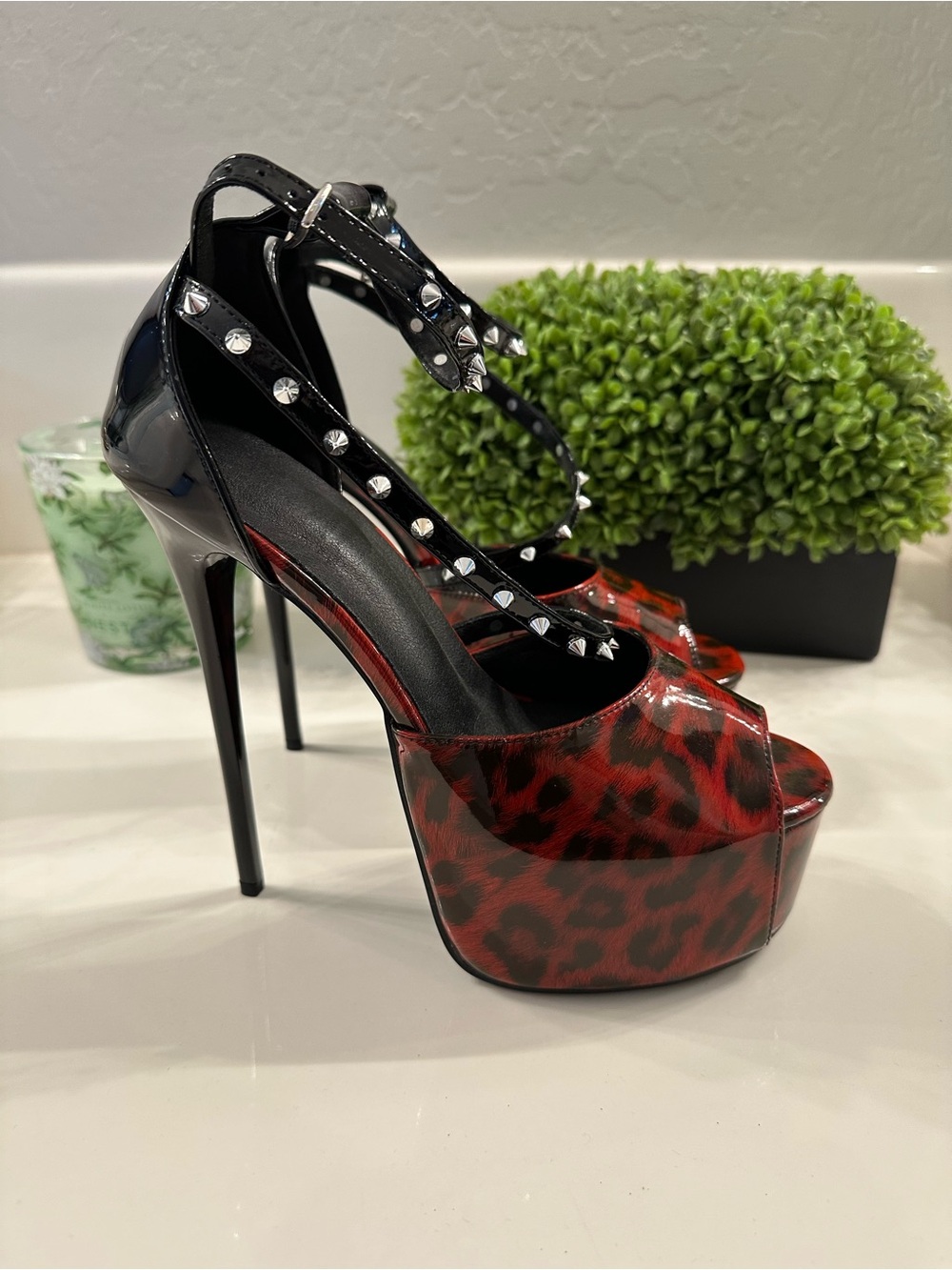 Studded Ankle-Strap Platform Heels in Red Leopard